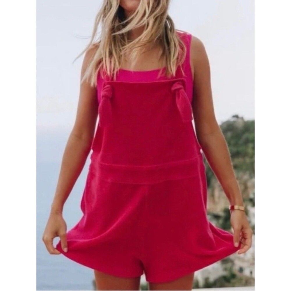 Daily Drills Dark Pink Terry Cloth Overall Romper